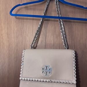 Tory Burch Beige Shoulder Bag with Silver Accents